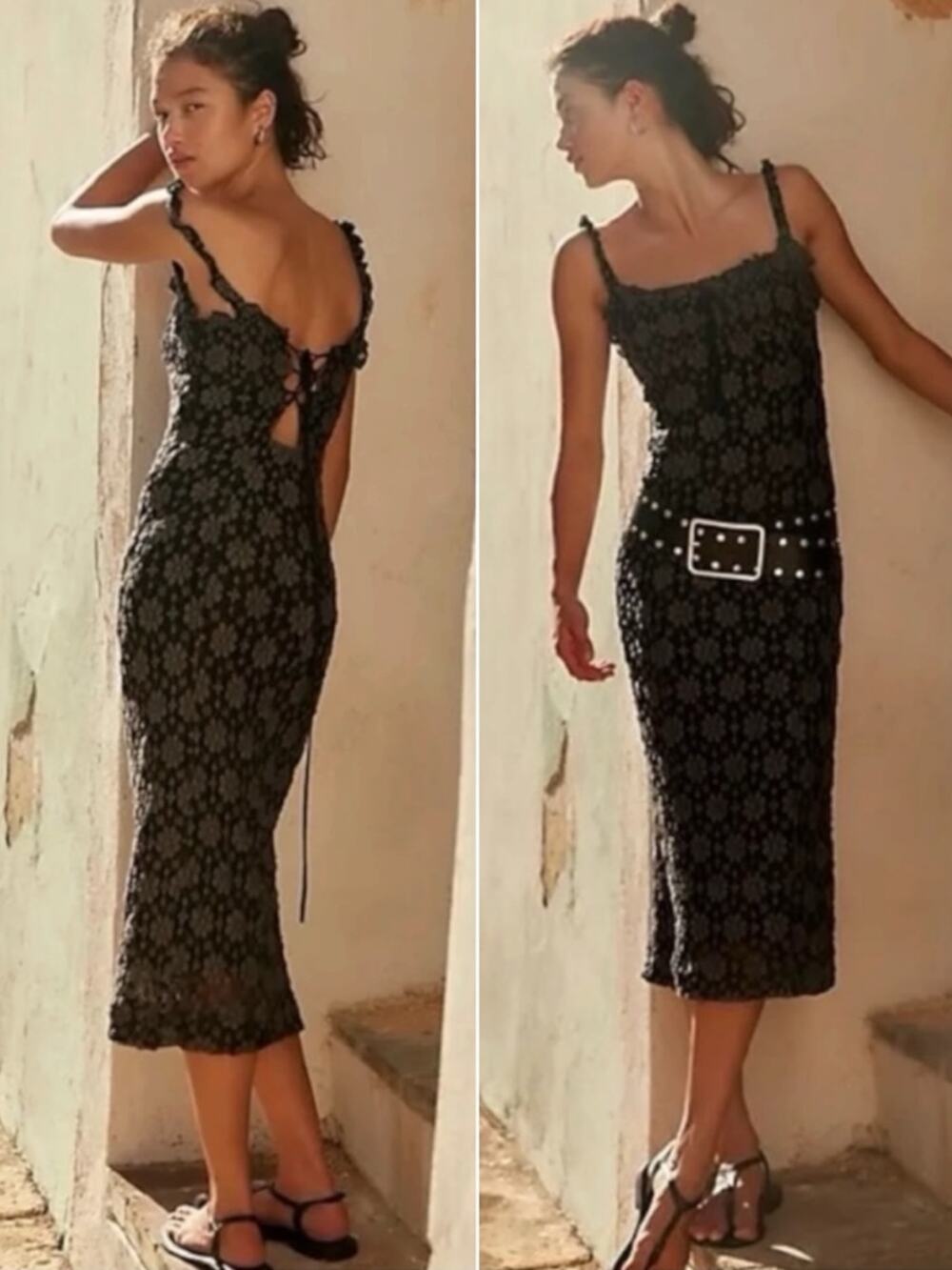 Free People Ethereal Dainty Romantic Lucinda Lace Midi Slip Dress Black XL